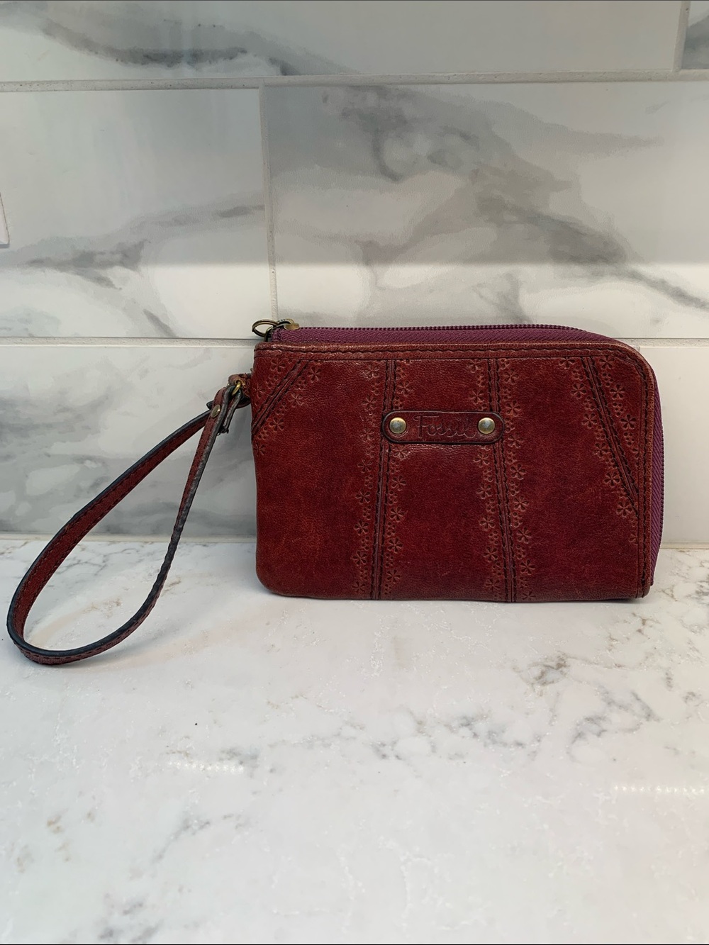 Fossil Burgundy Leather Floral Tooled Wristlet Zip Pouch